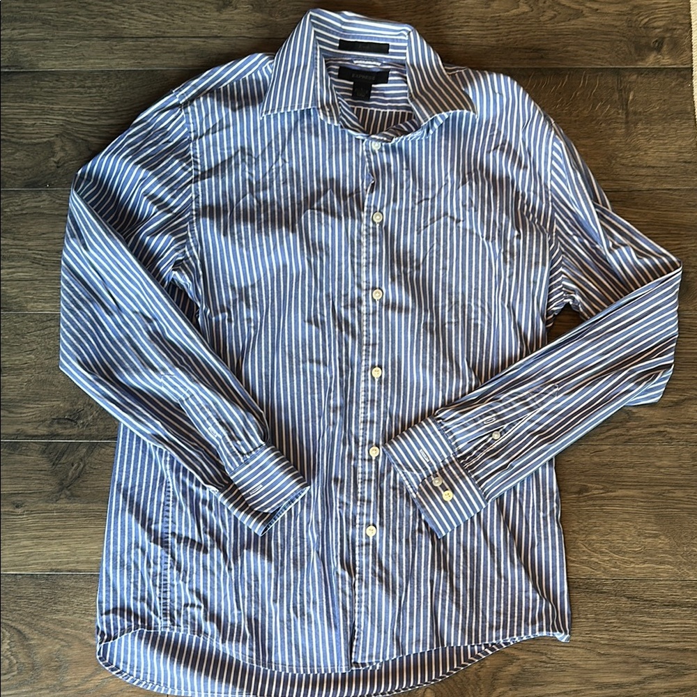 Express Blue and White Casual Button Down Shirt
